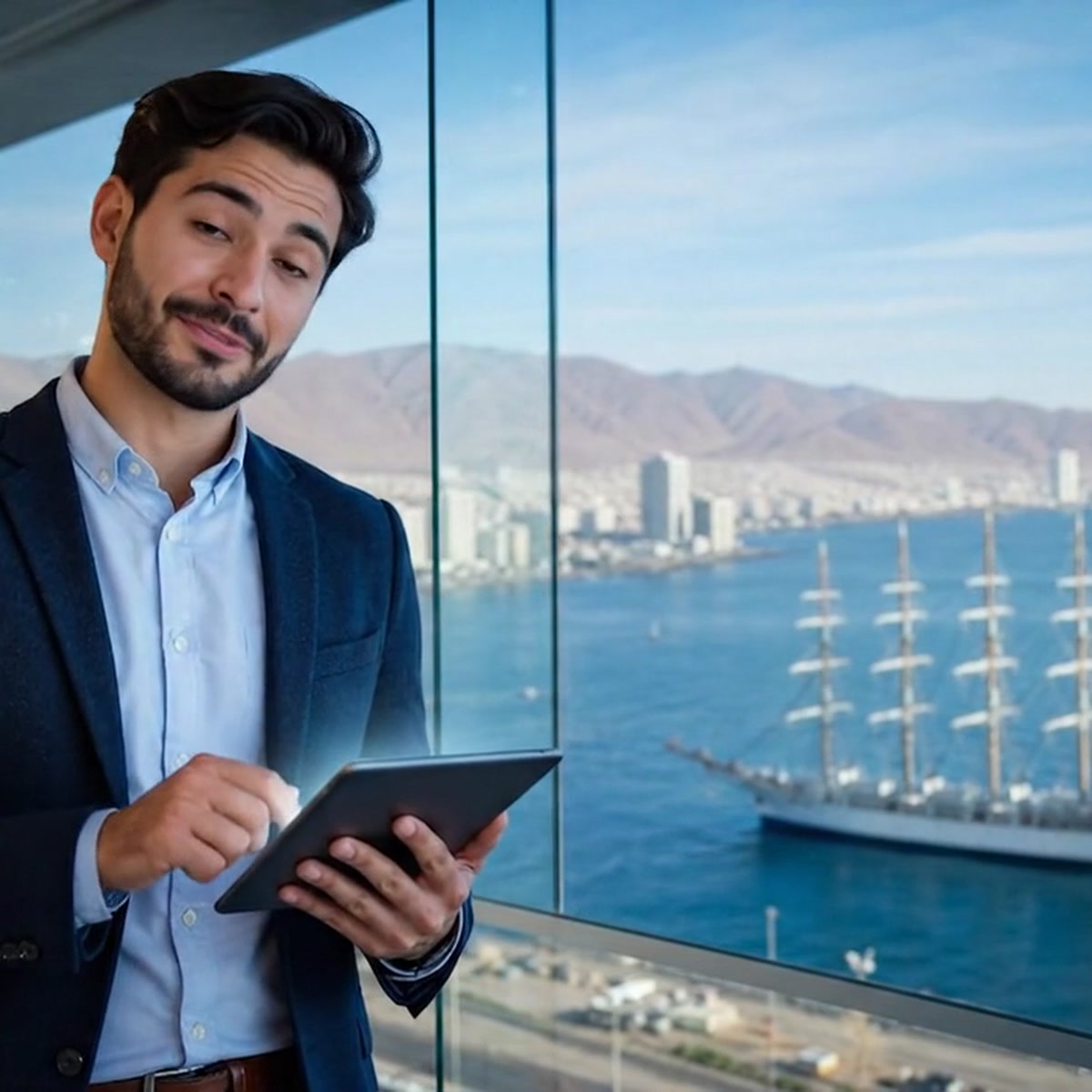 Profesional trabajando en su sitio web con vista al Puerto de Iquique y el Buque Escuela Esmeralda