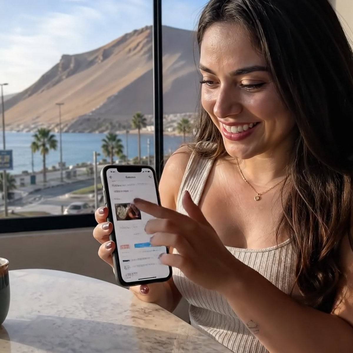 Mujer joven viendo un sitio web profesional en su smartphone en la Costanera de Iquique
